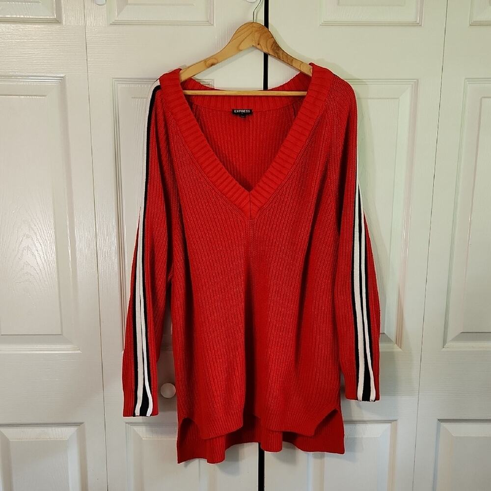 Express Womens Red Sweater Size XL‎ Racing Stripes Preppy Coastal Rugby Varsity